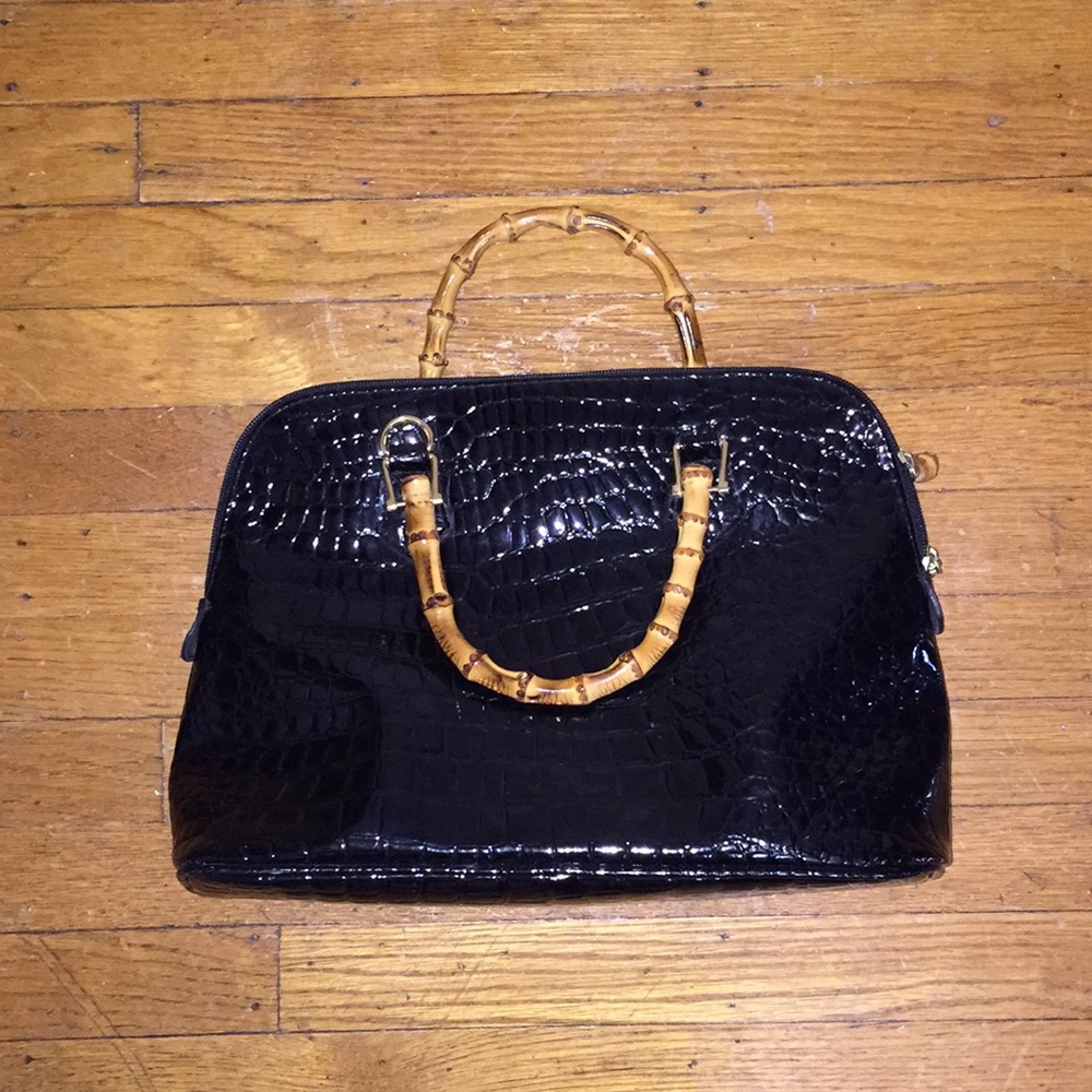 Bamboo handle black patent crocodile print bag